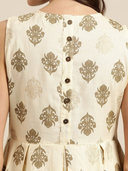 Women's Beige Floral Sleeveless Box Pleat Midi Dress