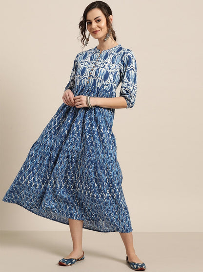 Women's Navy Paisley Tiered Midi Dress
