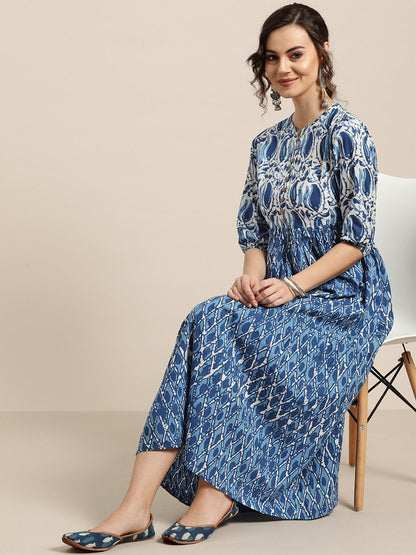 Women's Navy Paisley Tiered Midi Dress