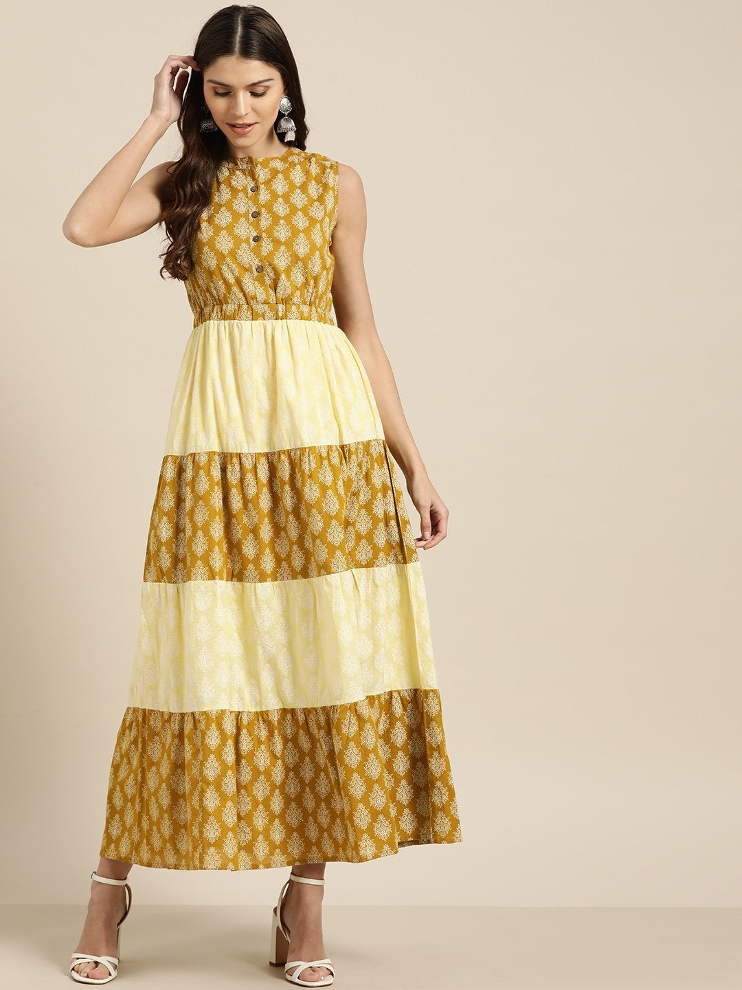 Women's Yellow Mustard Floral Sleeveless Tiered Maxi
