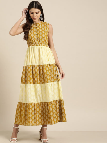Women's Yellow Mustard Floral Sleeveless Tiered Maxi