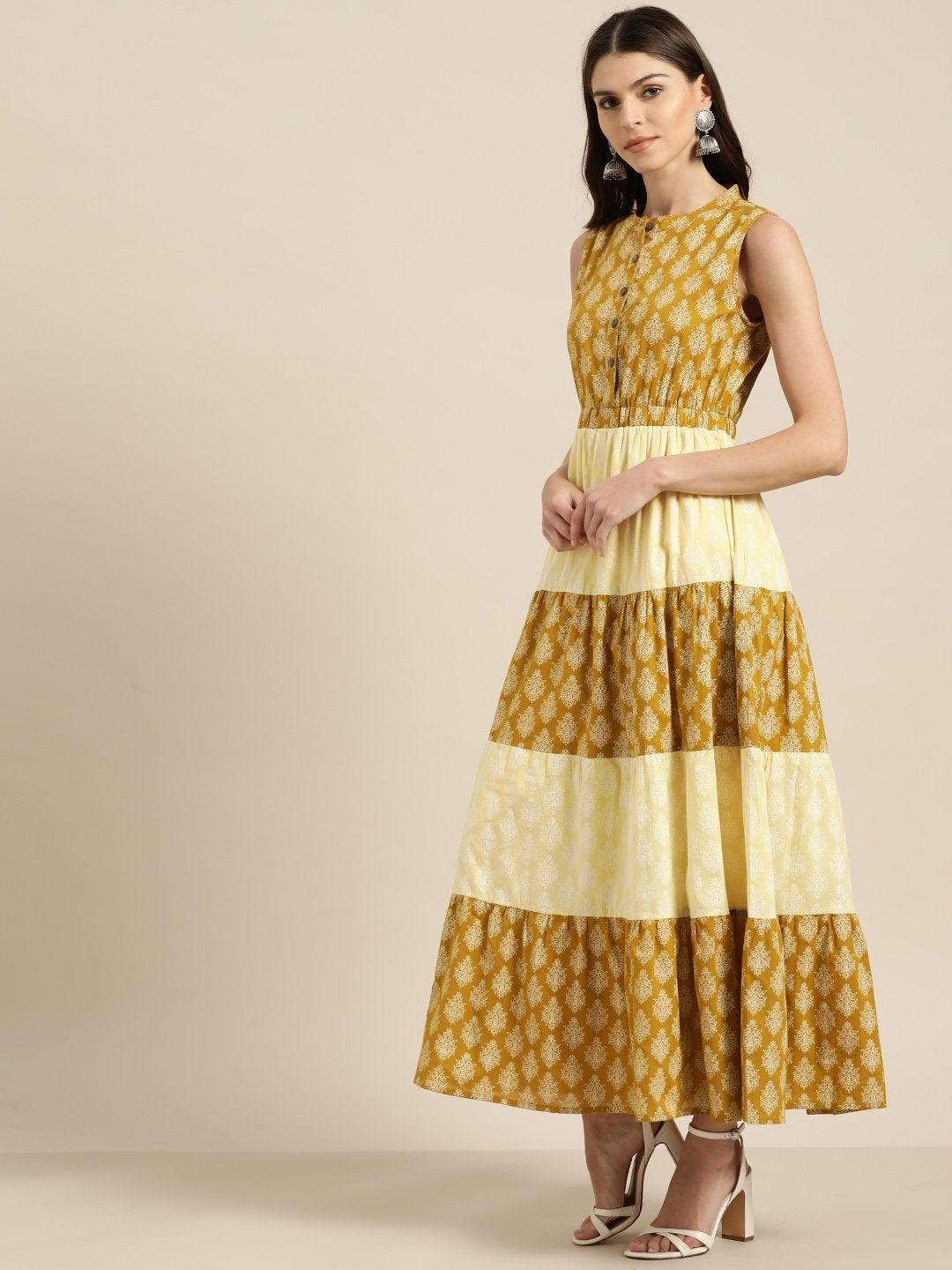 Women's Yellow Mustard Floral Sleeveless Tiered Maxi