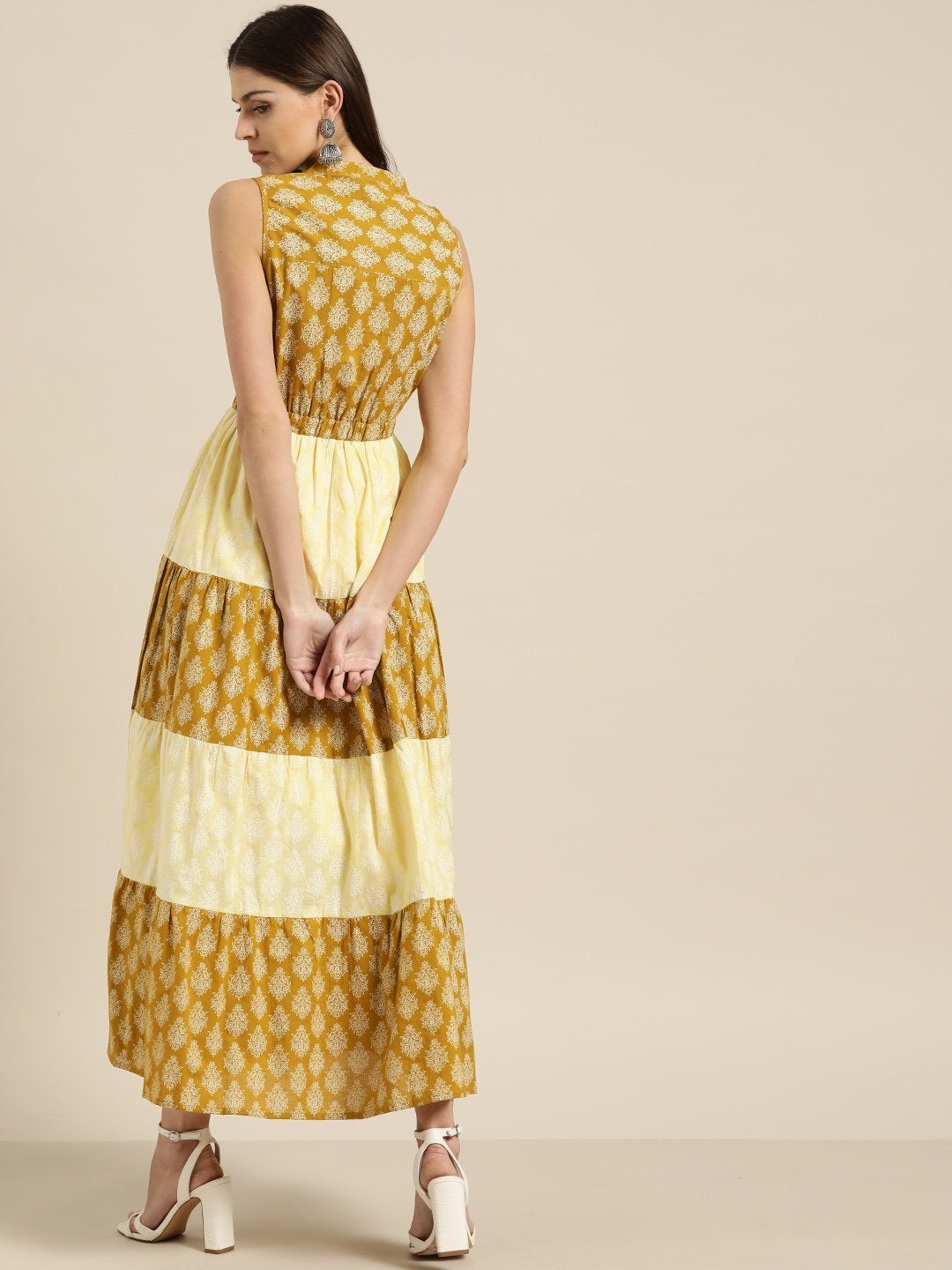 Women's Yellow Mustard Floral Sleeveless Tiered Maxi