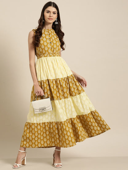 Women's Yellow Mustard Floral Sleeveless Tiered Maxi