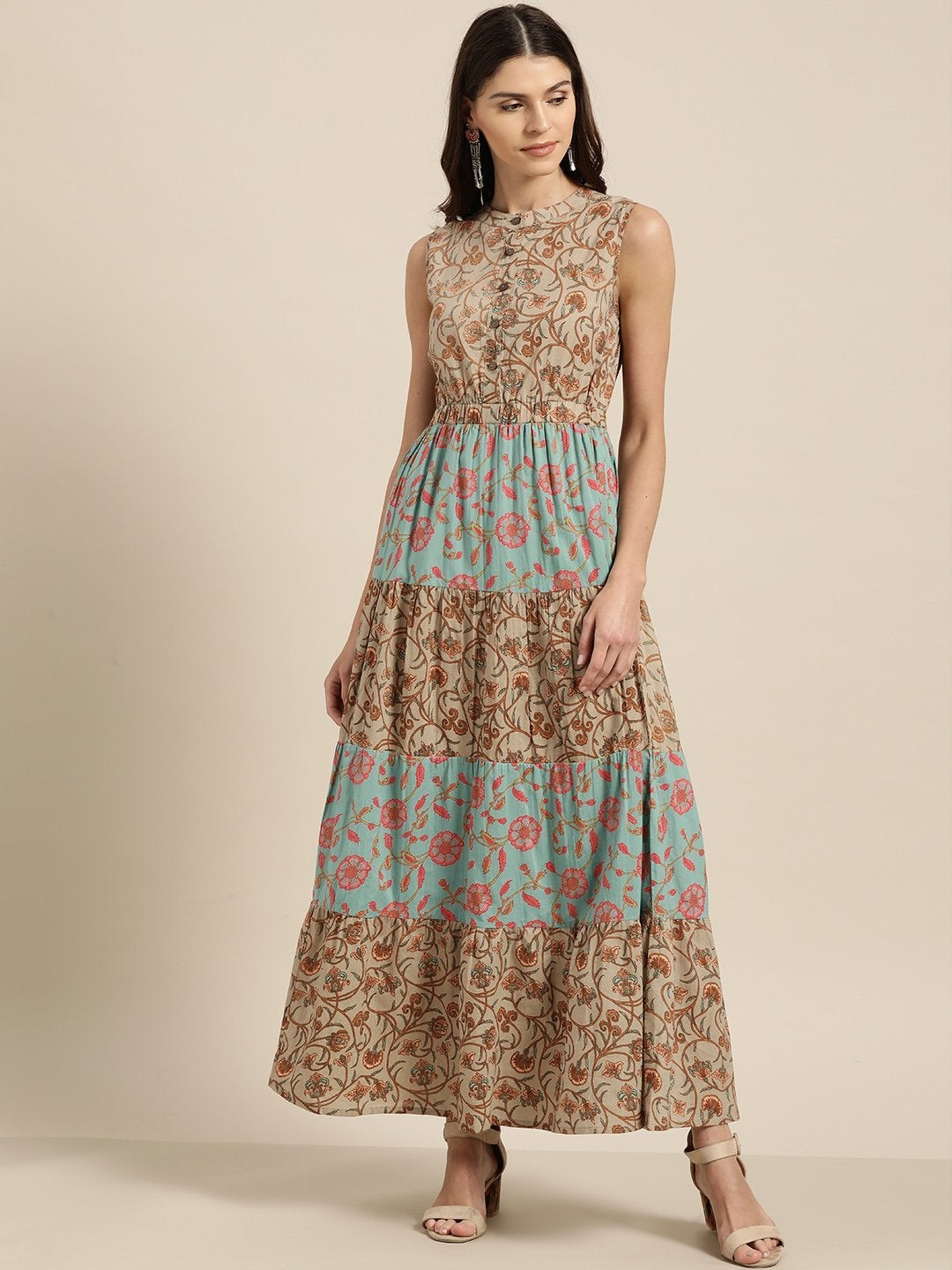 Women's Teal Blue Floral Sleeveless Tiered Maxi