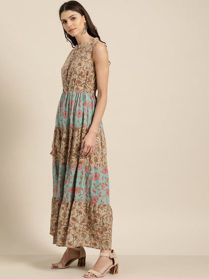 Women's Teal Blue Floral Sleeveless Tiered Maxi