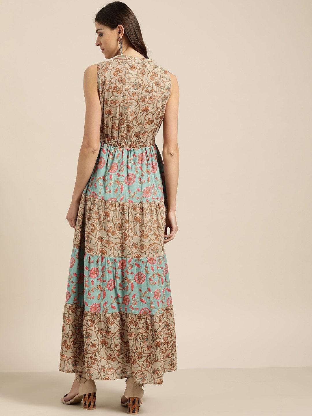 Women's Teal Blue Floral Sleeveless Tiered Maxi