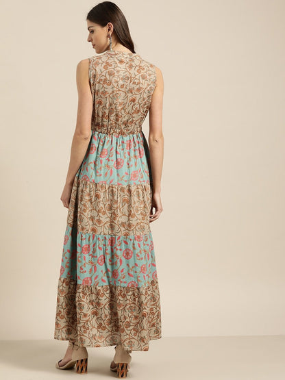 Women's Teal Blue Floral Sleeveless Tiered Maxi