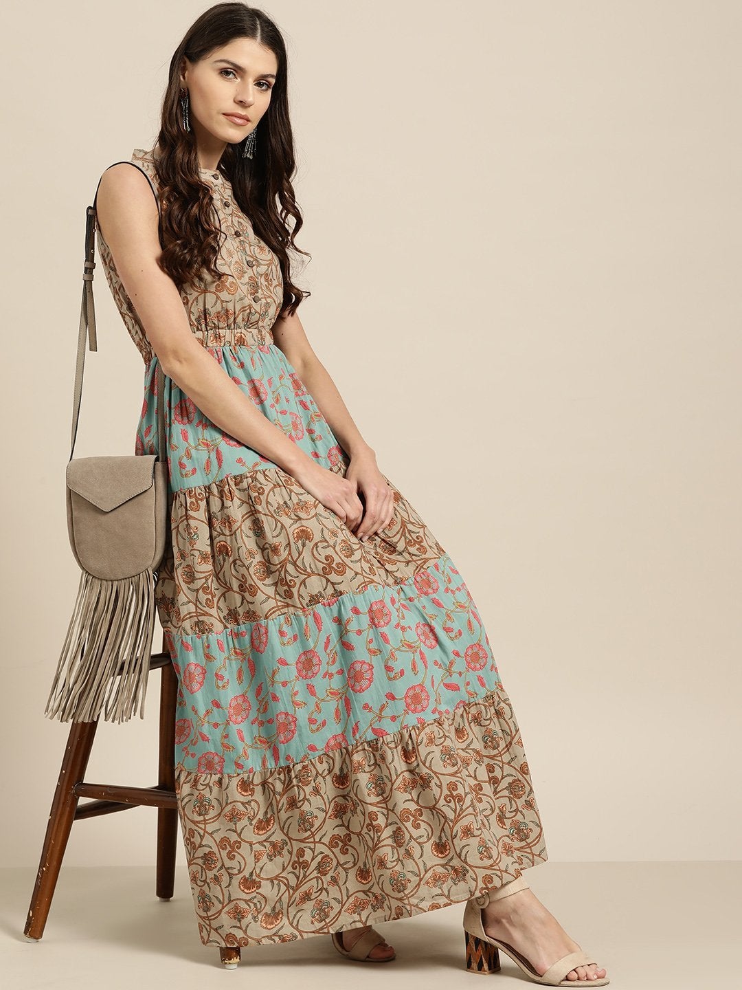 Women's Teal Blue Floral Sleeveless Tiered Maxi