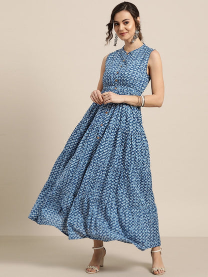 Women's Blue Geo Print Sleeveless Tiered Maxi