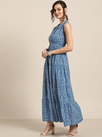Women's Blue Geo Print Sleeveless Tiered Maxi