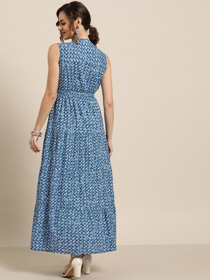 Women's Blue Geo Print Sleeveless Tiered Maxi