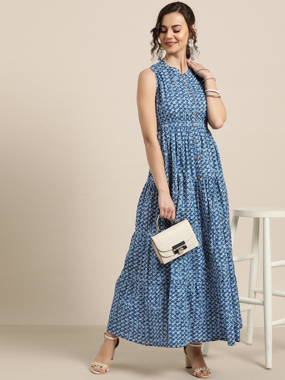 Women's Blue Geo Print Sleeveless Tiered Maxi