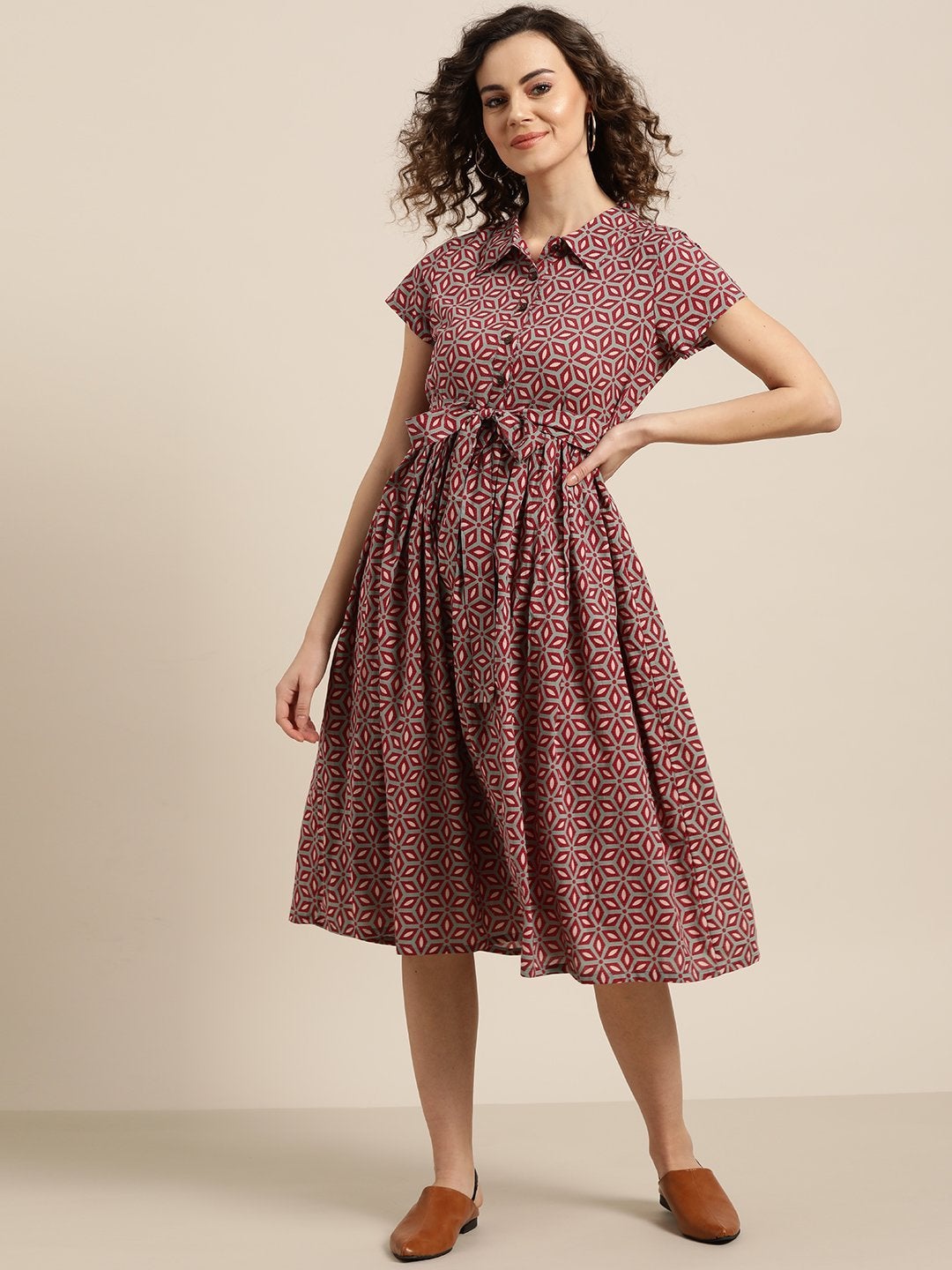 Women's Olive Printed Shirt Collar Dress