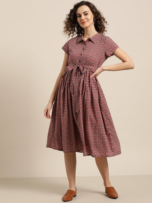 Women's Olive Printed Shirt Collar Dress