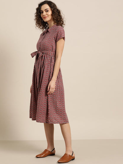 Women's Olive Printed Shirt Collar Dress