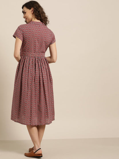 Women's Olive Printed Shirt Collar Dress
