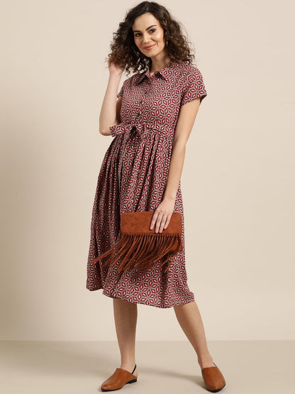 Women's Olive Printed Shirt Collar Dress