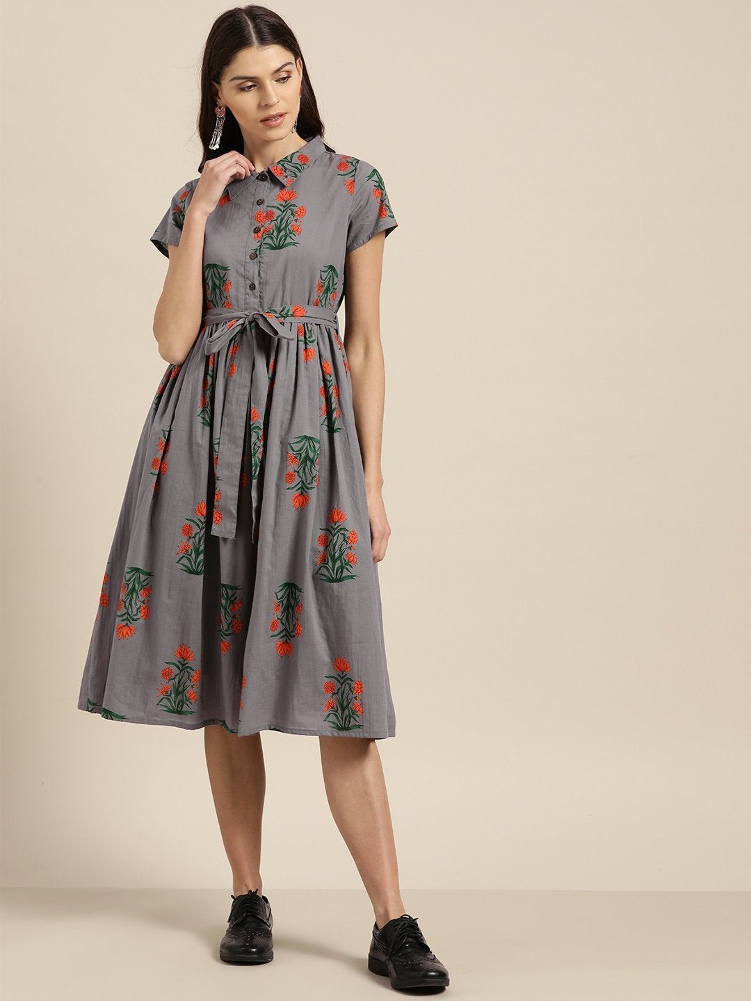 Women's Grey Floral Shirt Collar Dress
