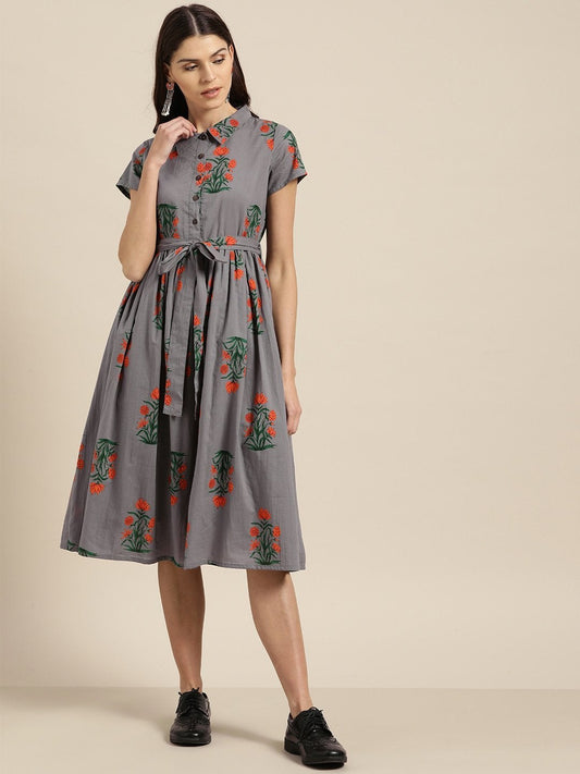Women's Grey Floral Shirt Collar Dress