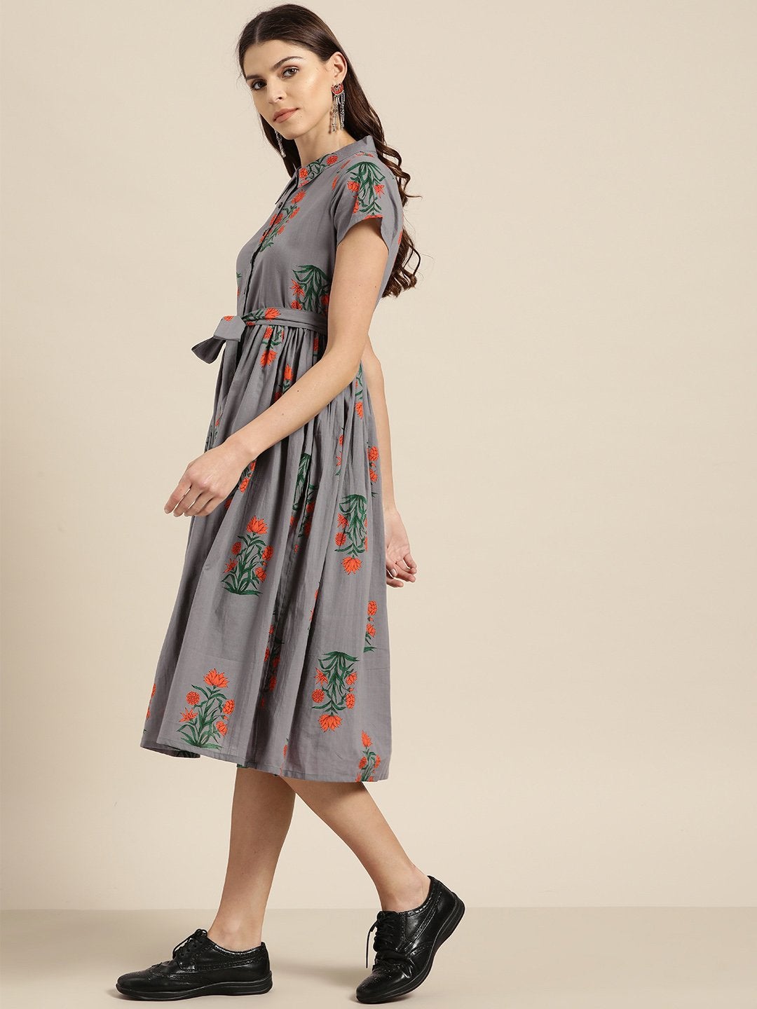 Women's Grey Floral Shirt Collar Dress