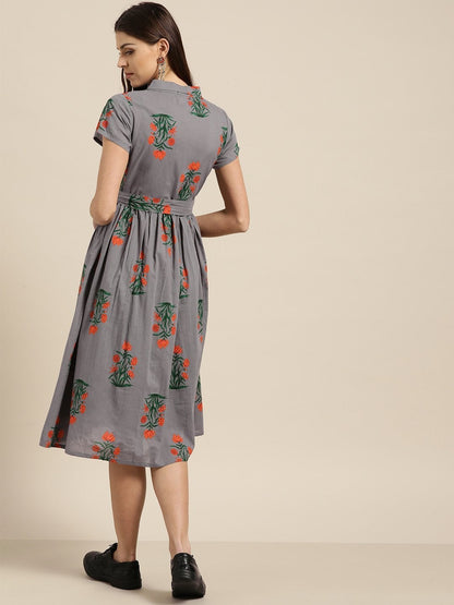 Women's Grey Floral Shirt Collar Dress