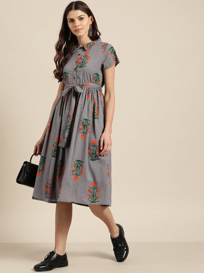 Women's Grey Floral Shirt Collar Dress