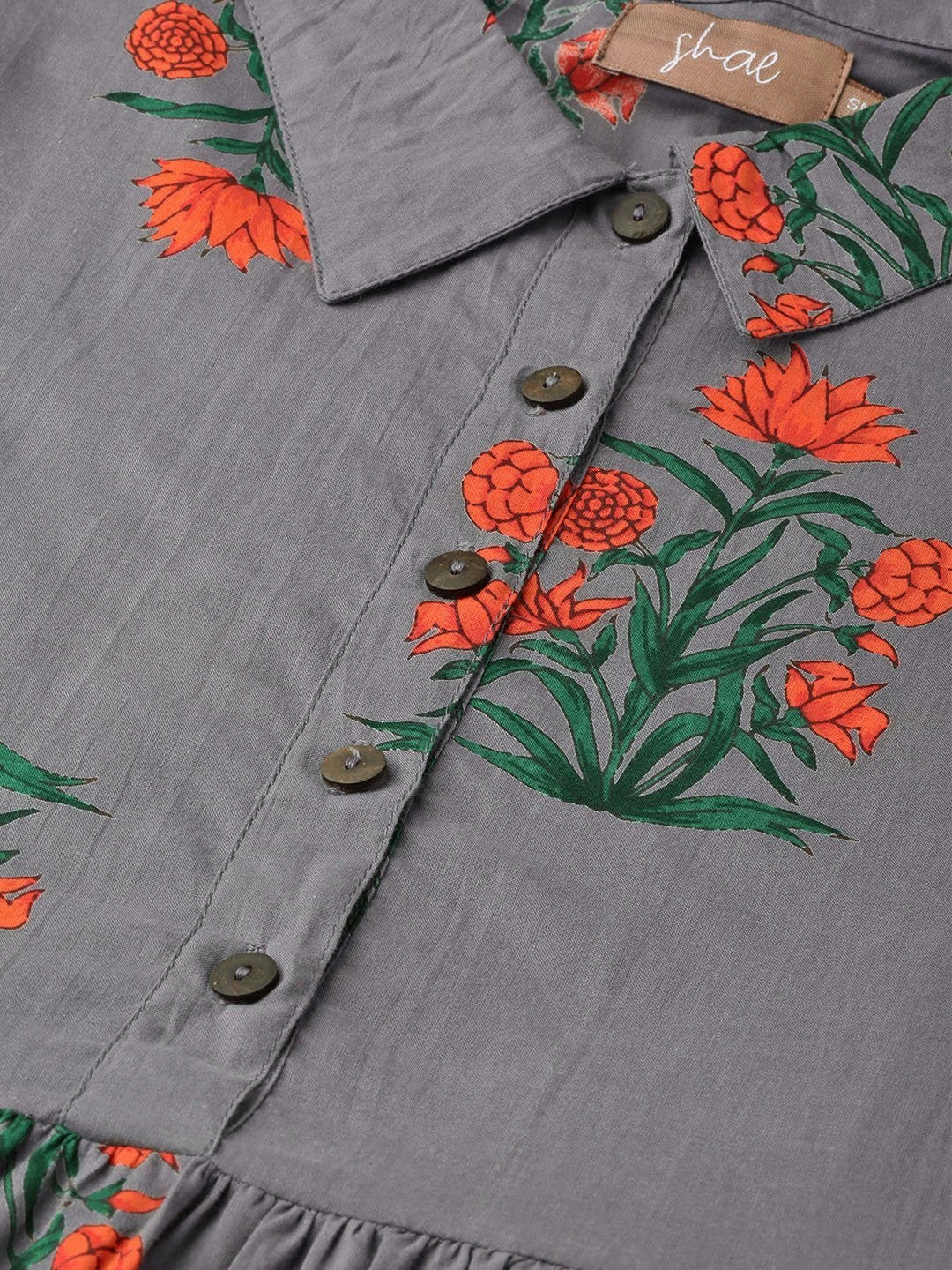 Women's Grey Floral Shirt Collar Dress