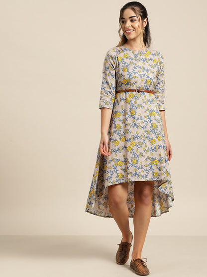 Women's Grey Floral High Low Dress With Pu Belt