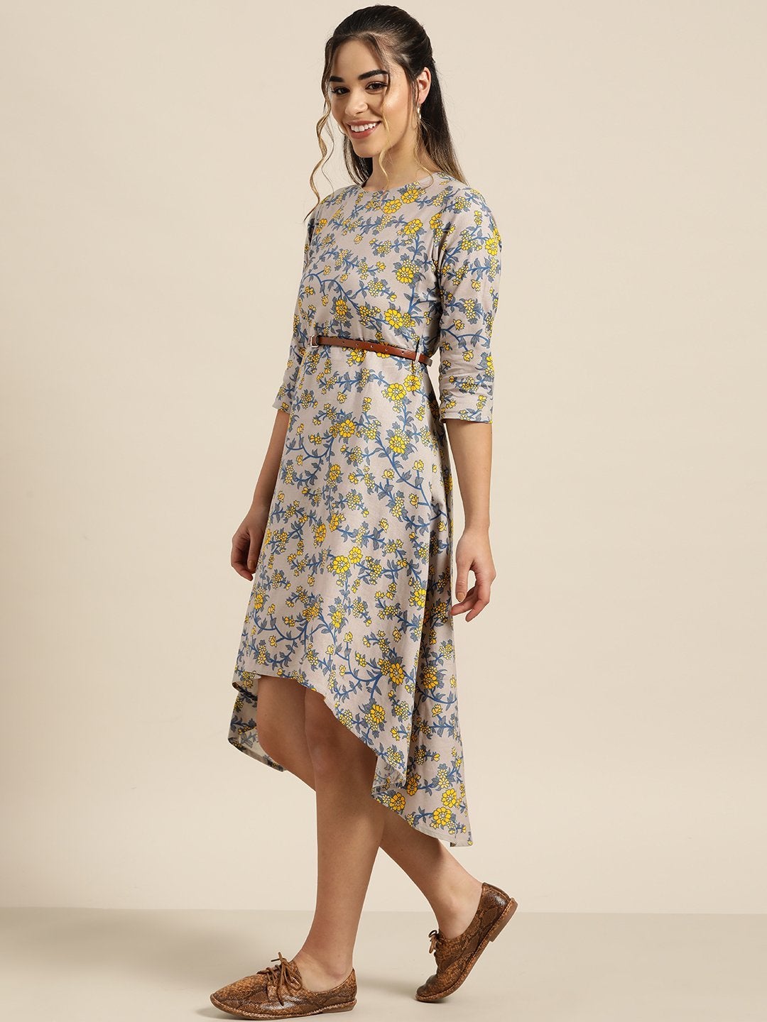 Women's Grey Floral High Low Dress With Pu Belt