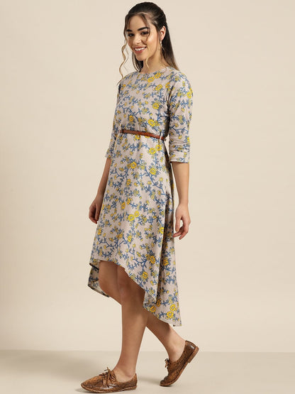 Women's Grey Floral High Low Dress With Pu Belt