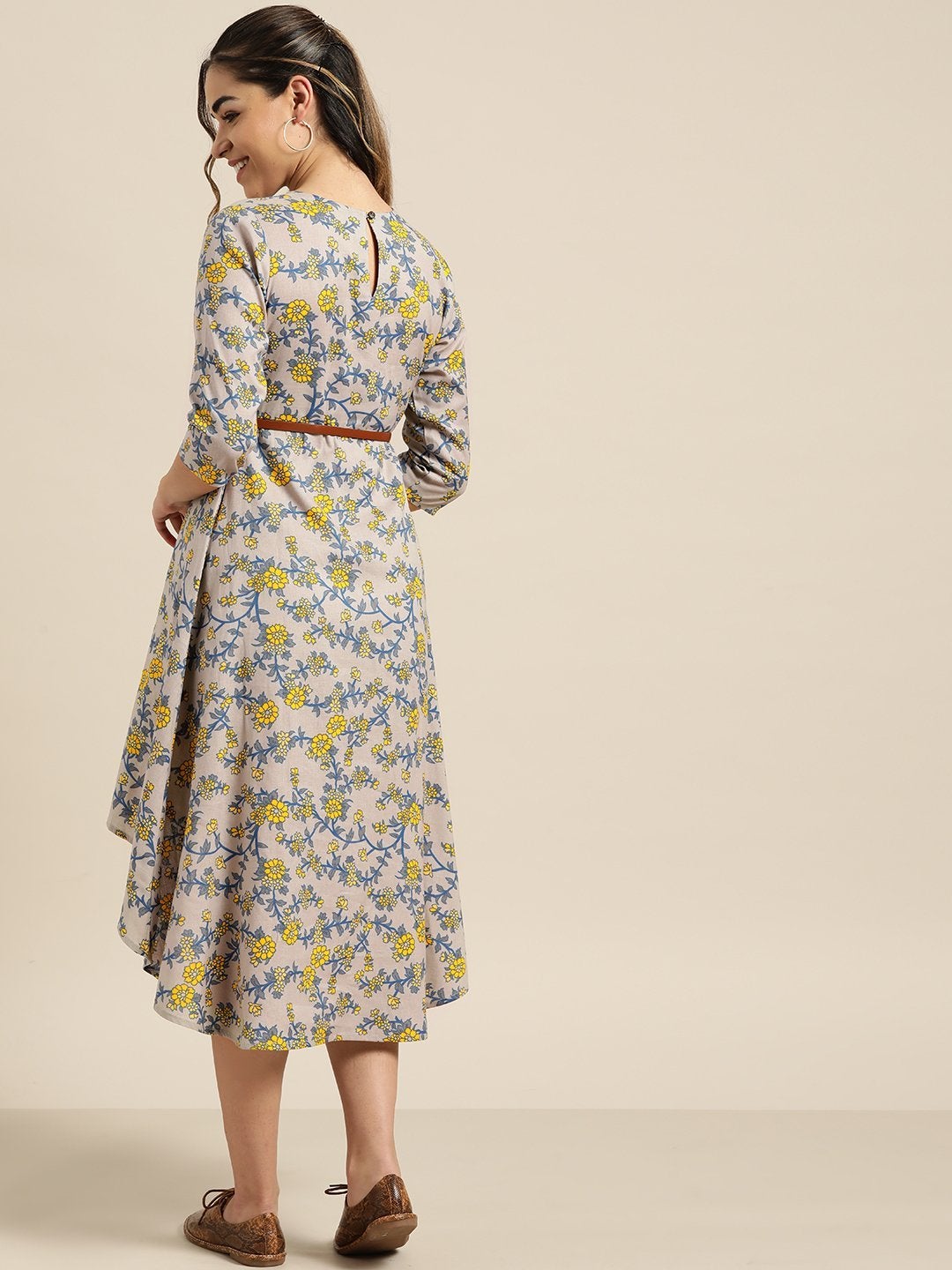 Women's Grey Floral High Low Dress With Pu Belt