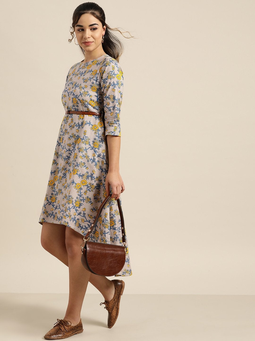 Women's Grey Floral High Low Dress With Pu Belt