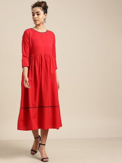Women's Red Gathered Midi Dress