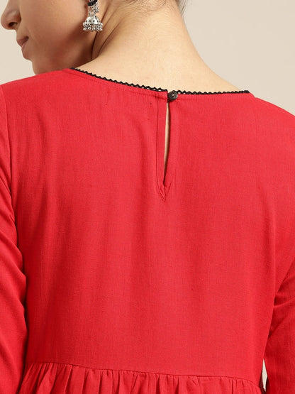 Women's Red Gathered Midi Dress