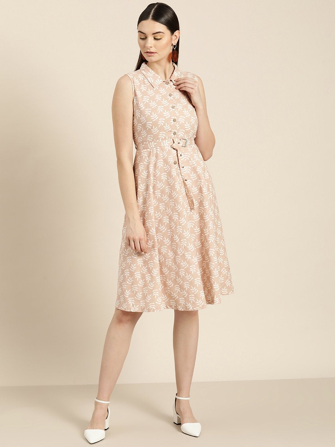Women's Peach Printed Sleeveless Belted Dress