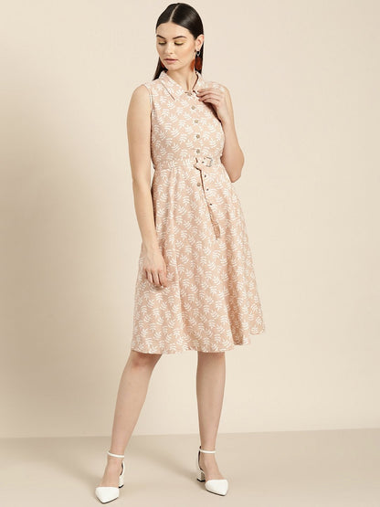 Women's Peach Printed Sleeveless Belted Dress