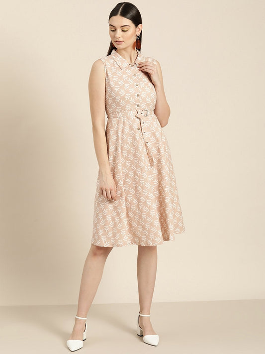 Women's Peach Printed Sleeveless Belted Dress