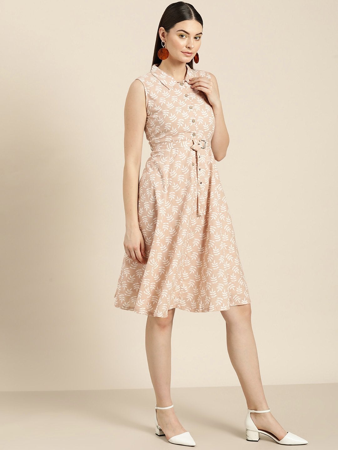 Women's Peach Printed Sleeveless Belted Dress