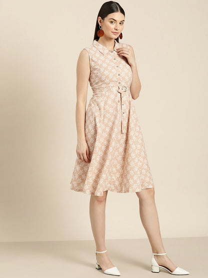 Women's Peach Printed Sleeveless Belted Dress