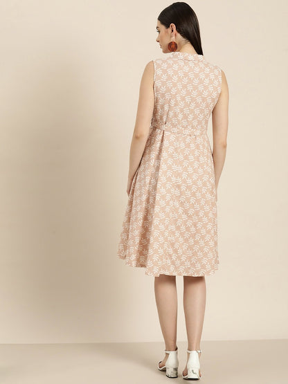 Women's Peach Printed Sleeveless Belted Dress