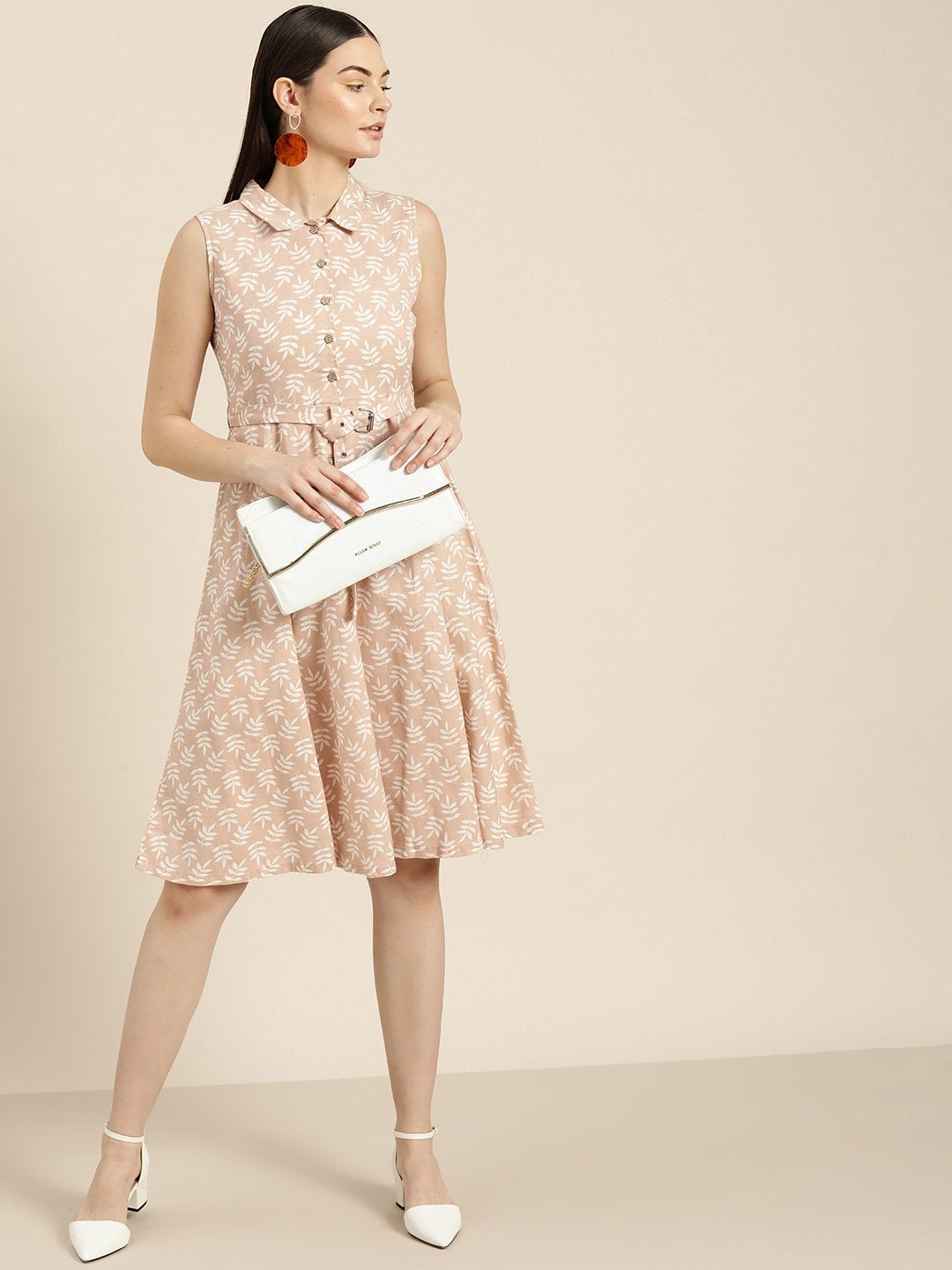 Women's Peach Printed Sleeveless Belted Dress
