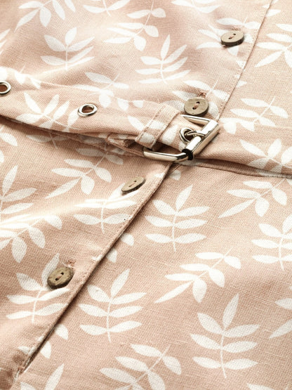 Women's Peach Printed Sleeveless Belted Dress