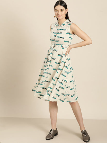 Women's Off White Geo Print Sleeveless Belted Dress