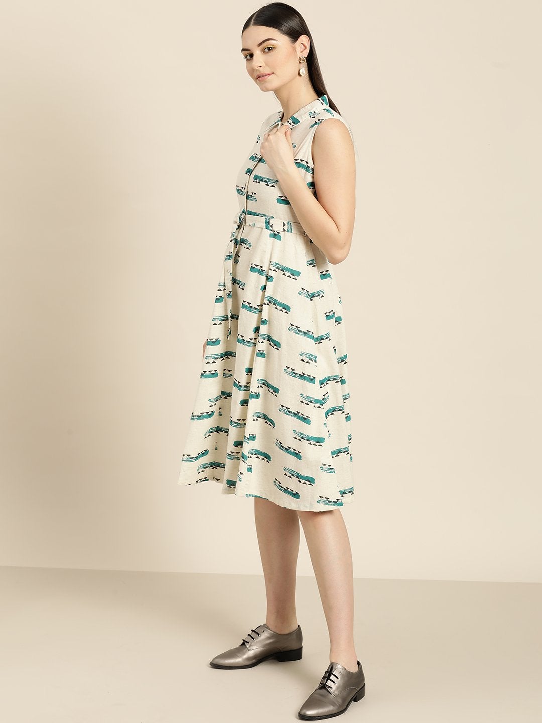 Women's Off White Geo Print Sleeveless Belted Dress