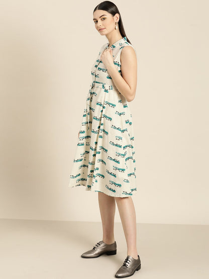 Women's Off White Geo Print Sleeveless Belted Dress
