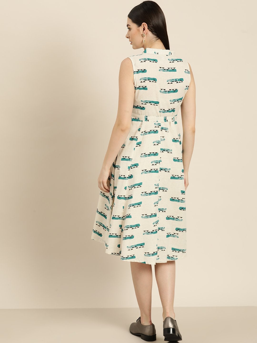 Women's Off White Geo Print Sleeveless Belted Dress