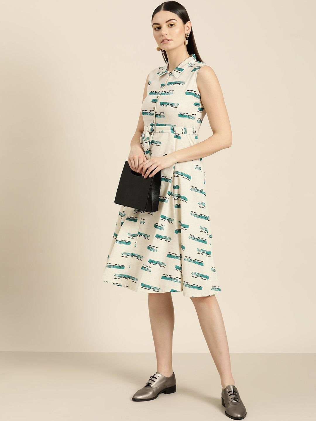 Women's Off White Geo Print Sleeveless Belted Dress
