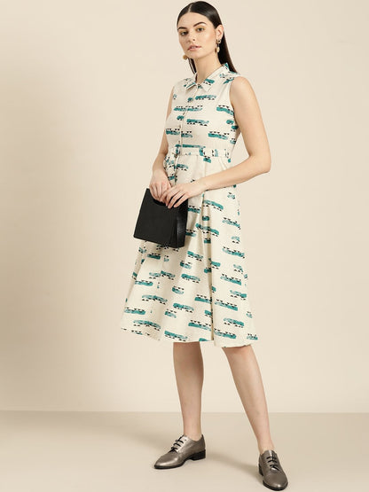 Women's Off White Geo Print Sleeveless Belted Dress