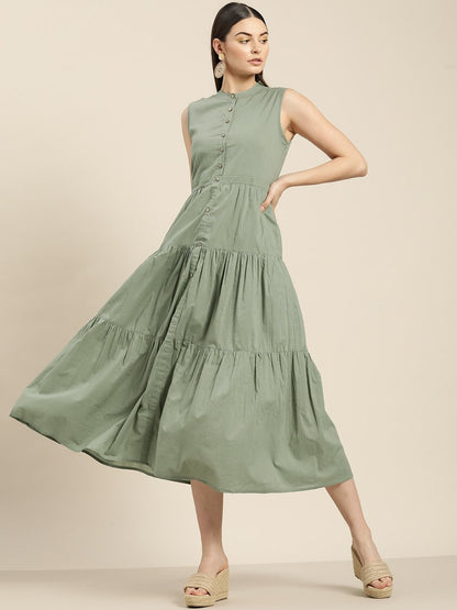 Women's Olive Sleeveless Tiered Dress